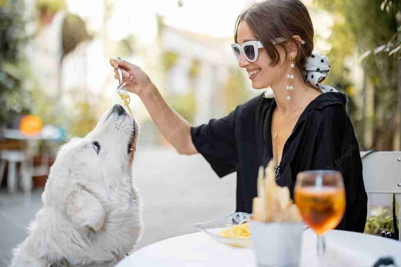 woman-eating-pasta-with-her-cute-white-dog-restaurant_506452-15606